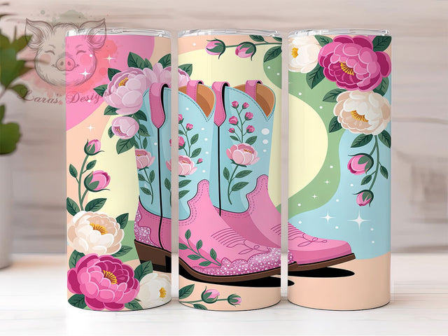 Floral Glitter Cowgirl Boots Tumbler, Floral Glitter Pattern, Western Chic Design, 20Oz Sublimation Wrap, Rustic Cowgirl Art, Country Glitter Texture, Tumbler Sublimation Sublimation Lara' s Designs 