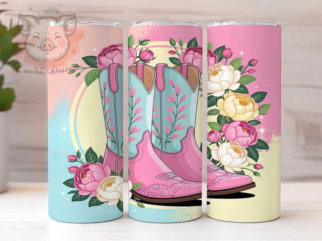 Floral Glitter Cowgirl Boots Tumbler, Floral Glitter Pattern, Western Chic Design, 20Oz Sublimation Wrap, Rustic Cowgirl Art, Country Glitter Texture, Tumbler Sublimation Sublimation Lara' s Designs 