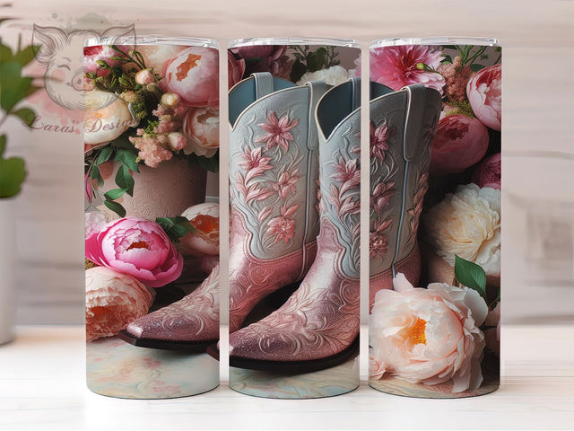 Floral Glitter Cowgirl Boots Tumbler, Floral Glitter Pattern, Western Chic Design, 20Oz Sublimation Wrap, Rustic Cowgirl Art, Country Glitter Texture, Tumbler Sublimation Sublimation Lara' s Designs 