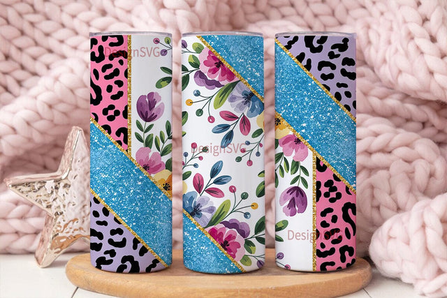 Floral Glitter Leopard 20oz Tumbler Wrap Sublimation DesignSVG 