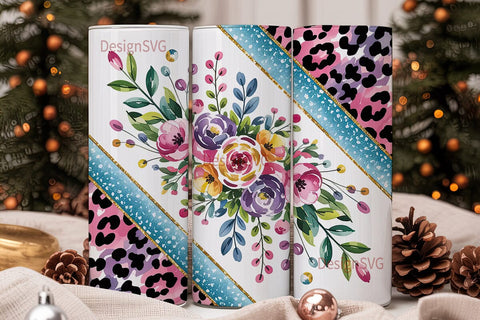 Floral Glitter Leopard 20oz Tumbler Wrap Sublimation DesignSVG 