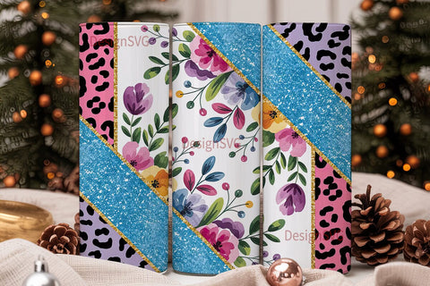 Floral Glitter Leopard 20oz Tumbler Wrap Sublimation DesignSVG 