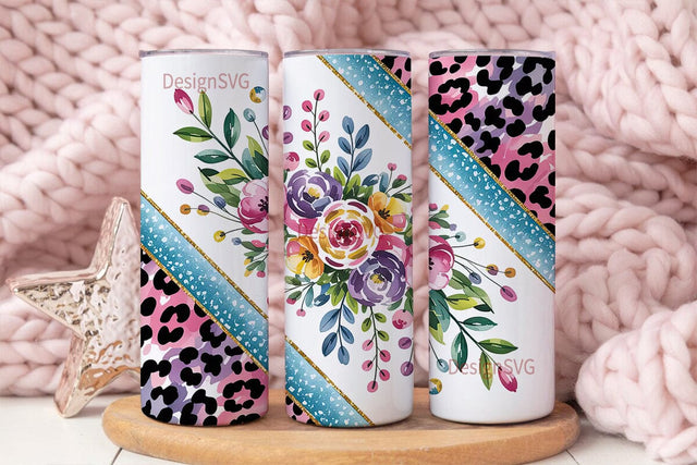 Floral Glitter Leopard 20oz Tumbler Wrap Sublimation DesignSVG 