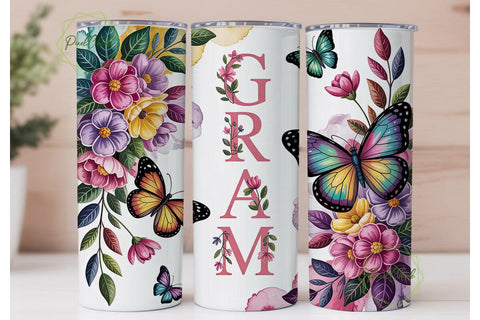 Floral Gram Butterfly 20oz Tumbler Wrap Sublimation PixelChick 