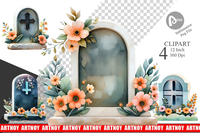 Floral Gravestone Watercolor Clipart Sublimation artnoy 