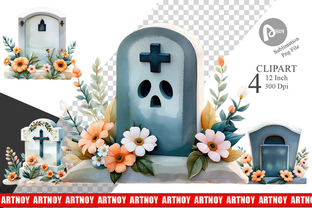 Floral Gravestone Watercolor Clipart Sublimation artnoy 