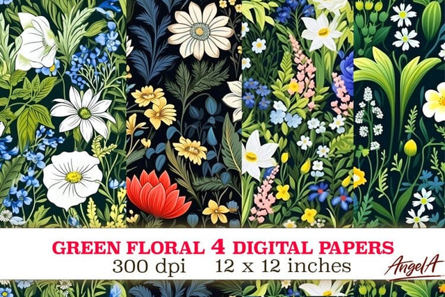Floral green digital paper / summer colorful flowers pattern Digital Pattern Angelina Semenova 