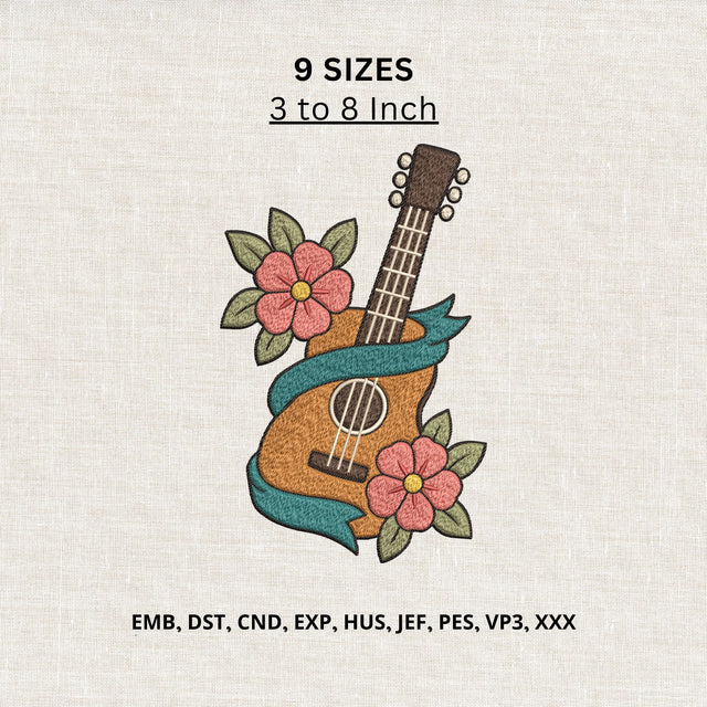 Floral Guitar Machine Embroidery Design – Boho Acoustic Guitar Flower Embroidery File Embroidery/Applique DESIGNS PatternFeed8 