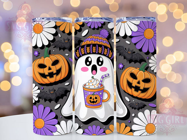 Floral Haunted Cute Halloween Ghost Tumbler, Spooky Halloween Wrap, Haunted Flower Cup, Kawaii Ghost Design, 20Oz Sublimation Wrap, Botanical Halloween Drinkware, Elegant Spooky Tumbler Sublimation SvggirlplusArt 