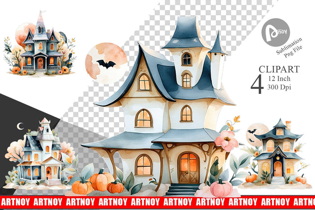 Floral Haunted House Watercolor Clipart Sublimation artnoy 