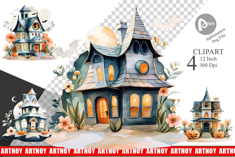 Floral Haunted House Watercolor Clipart Sublimation artnoy 
