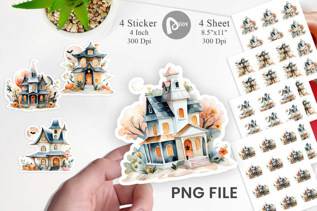 Floral Haunted House Watercolor Sticker Sublimation artnoy 
