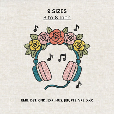Floral Headphones Machine Embroidery Design – Music Lover Flowers Headset Embroidery File Embroidery/Applique DESIGNS PatternFeed8 