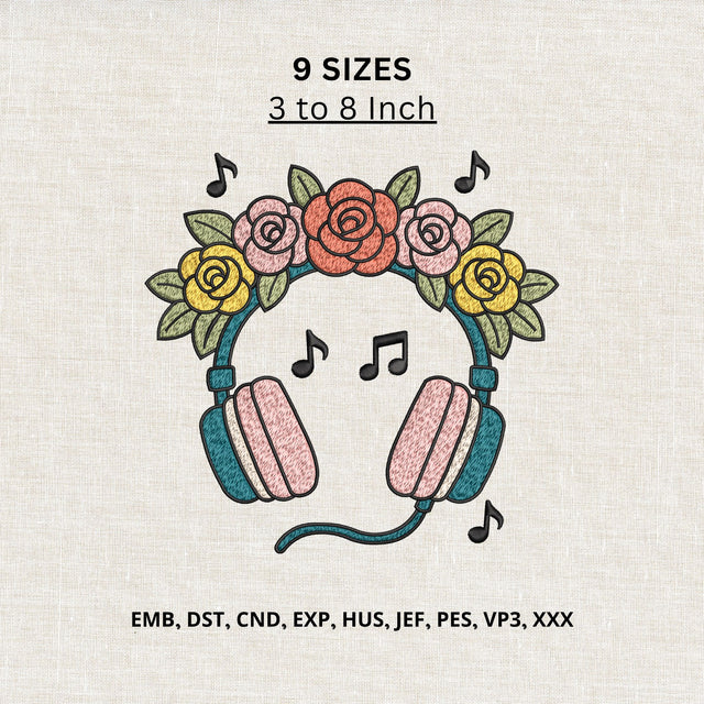 Floral Headphones Machine Embroidery Design – Music Lover Flowers Headset Embroidery File Embroidery/Applique DESIGNS PatternFeed8 