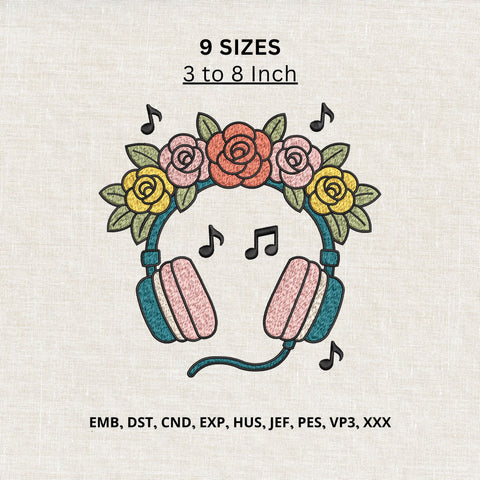 Floral Headphones Machine Embroidery Design – Music Lover Flowers Headset Embroidery File Embroidery/Applique DESIGNS PatternFeed8 