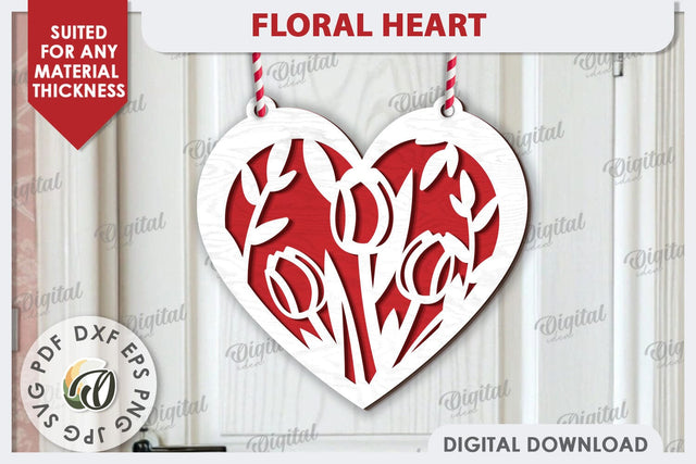 Floral Heart Laser Cut Decoration. Layered Heart SVG SVG Evgenyia Guschina 