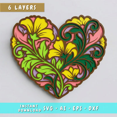 Floral Heart Multilayer SVG, Layered Flower Heart Cut File, 3D Layered Floral SVG for Cricut & Laser, 3D Floral DXF SVG HappyDesignStudio 