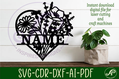 Floral heart name sign svg laser cut template SVG APInspireddesigns 