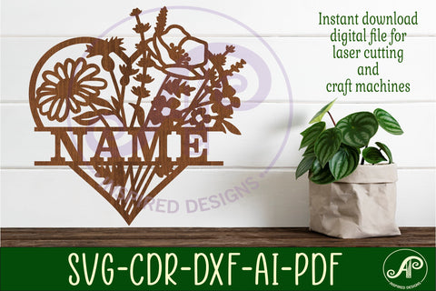 Floral heart name sign svg laser cut template SVG APInspireddesigns 