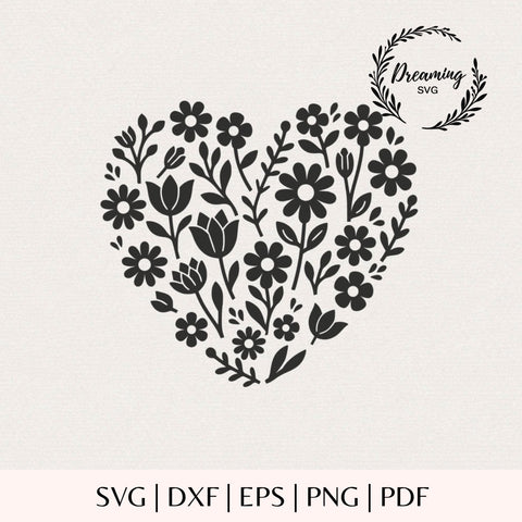 Floral Heart SVG - Flower Heart Cut File - Wildflower Heart Design - Valentine Botanical Heart for Cricut and Silhouette SVG DreamingSVG 
