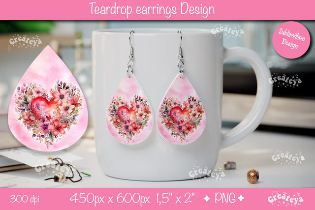Floral Heart Valentine Earrings – Teardrop PNG Sublimation Design Sublimation Createya Design 