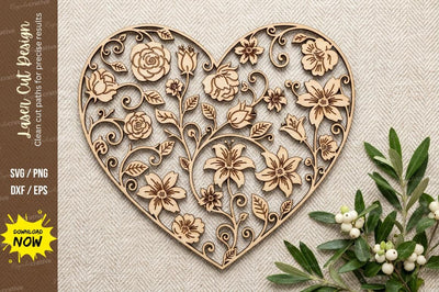 Floral Heart Vine Pattern – Laser Cut Wooden Decorative Wall Art Design SVG Regulrcrative 