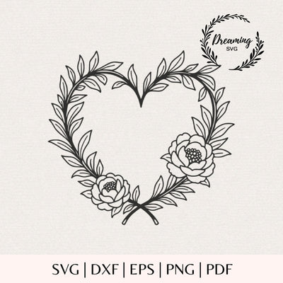 Floral Heart Wreath SVG - Peony Flower Cut File for Cricut & Silhouette - Valentines Botanical Heart - Wildflower Wreath Clip Art SVG DreamingSVG 
