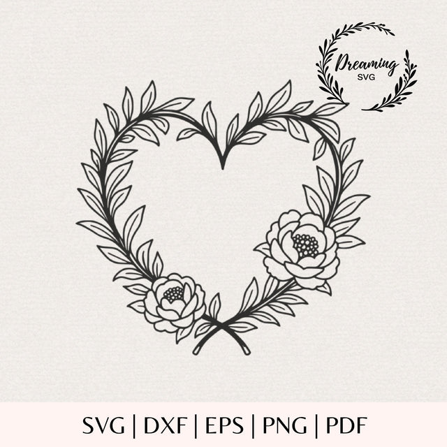 Floral Heart Wreath SVG - Peony Flower Cut File for Cricut & Silhouette - Valentines Botanical Heart - Wildflower Wreath Clip Art SVG DreamingSVG 