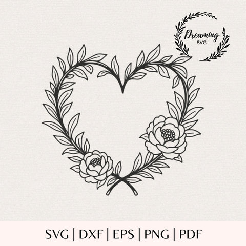 Floral Heart Wreath SVG - Peony Flower Cut File for Cricut & Silhouette - Valentines Botanical Heart - Wildflower Wreath Clip Art SVG DreamingSVG 
