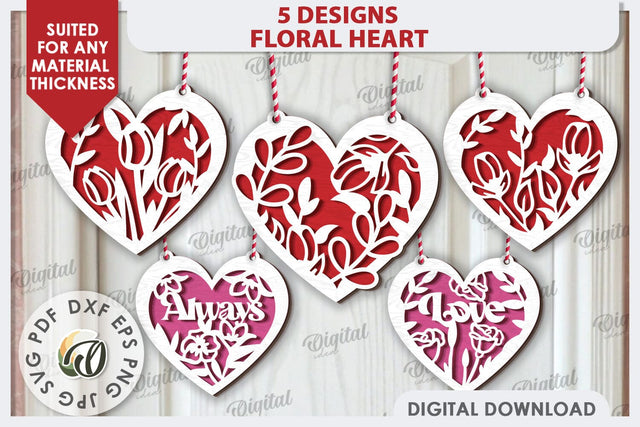 Floral Hearts Laser Cut Decoration Bundle. Layered Hearts SVG Evgenyia Guschina 