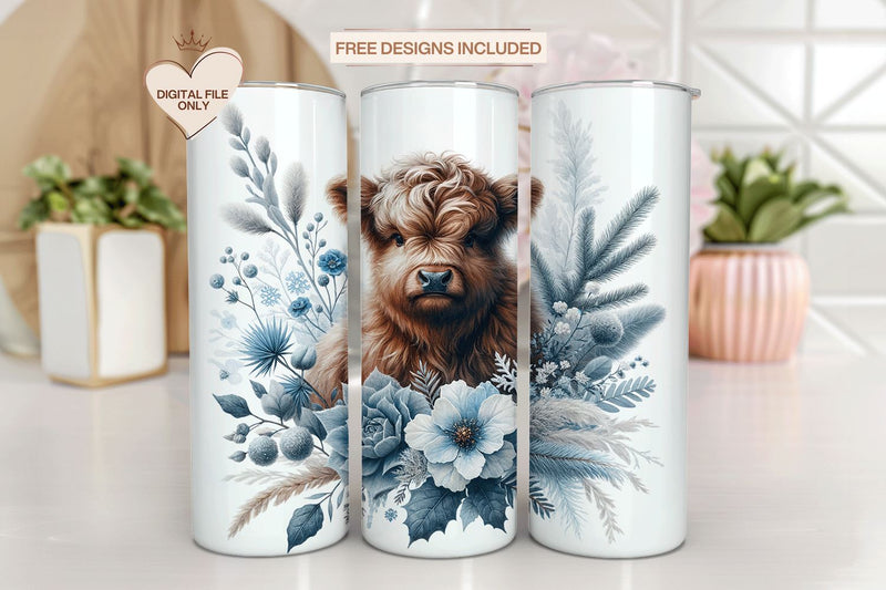 Floral Highlanad Cow Tumbler Wrap Design 20oz Sublimation Sublimation BijouBay 