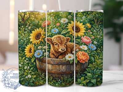 Floral Highland Calf 20oz Tumbler, Highland Calf, Floral Bloom, Rustic Charm, Pastoral Style, Whimsical Aesthetic, Skinny Tumbler, Sublimation PNG Sublimation ToriDesigns 