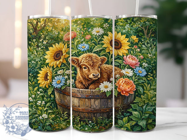 Floral Highland Calf 20oz Tumbler, Highland Calf, Floral Bloom, Rustic Charm, Pastoral Style, Whimsical Aesthetic, Skinny Tumbler, Sublimation PNG Sublimation ToriDesigns 