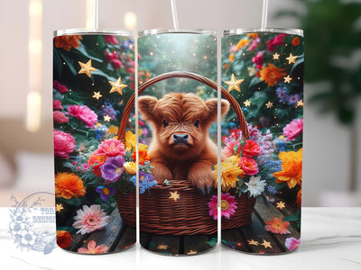 Floral Highland Cow 20oz Skinny Tumbler, Highland Cow Tumbler Png, Straight & Tapered Tumbler Wrap, Instant Digital Download Sublimation ToriDesigns 
