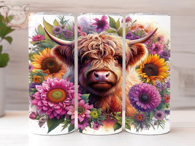 Floral Highland Cow 20oz Tumbler Png, Straight & Tapered Tumbler Png, Highland Cow Tumbler Png, Digital Download PNG Sublimation Lara' s Designs 