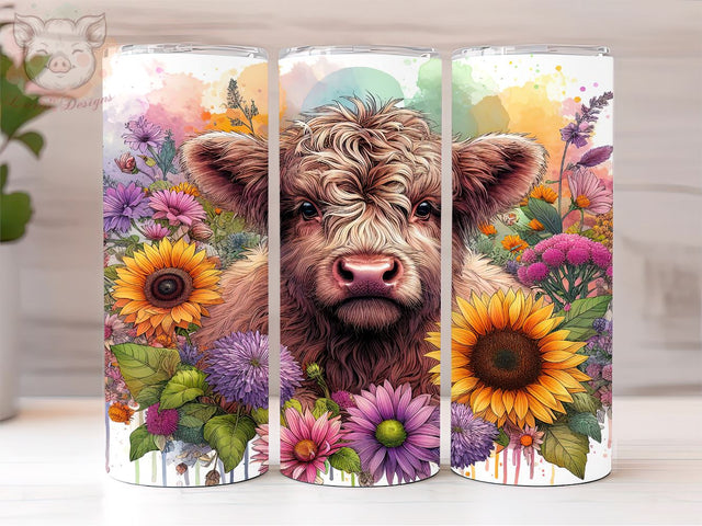 Floral Highland Cow 20oz Tumbler Png, Straight & Tapered Tumbler Png, Highland Cow Tumbler Png, Digital Download PNG Sublimation Lara' s Designs 