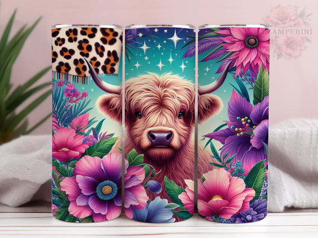 Floral Highland Cow 20oz Tumbler Wrap PNG, Highland Cow Tumbler Png, Straight & Tapered Tumbler Wrap, Instant Digital Download Sublimation Li Zamperini 