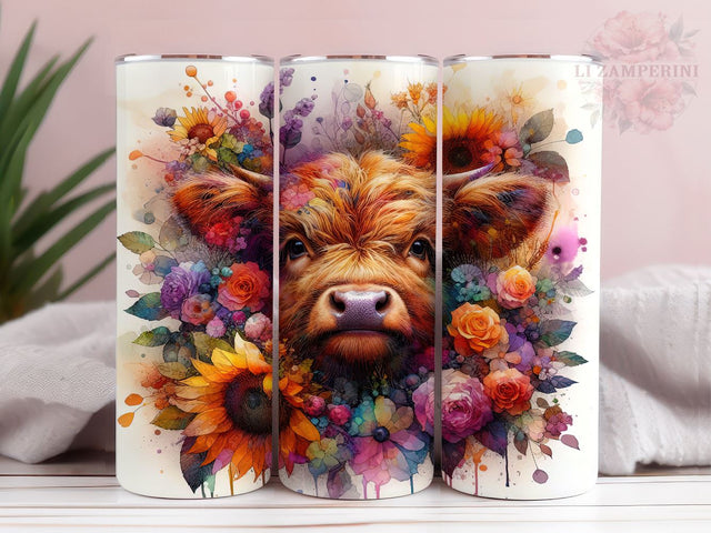Floral Highland Cow 20oz Tumbler Wrap PNG, Highland Cow Tumbler Png, Straight & Tapered Tumbler Wrap, Instant Digital Download Sublimation Li Zamperini 