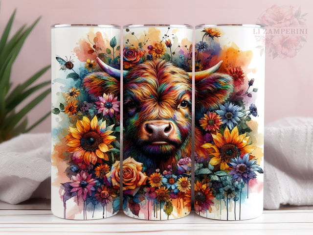 Floral Highland Cow 20oz Tumbler Wrap PNG, Highland Cow Tumbler Png, Straight & Tapered Tumbler Wrap, Instant Digital Download Sublimation Li Zamperini 