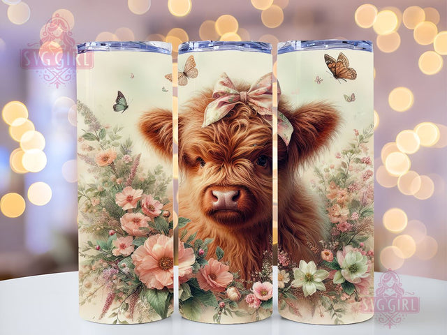 Floral Highland Cow 20oz Tumbler Wrap Sublimation Design, Straight Tapered Tumbler Wrap, Highland Cow Tumbler Png, Instant Digital Download Sublimation SvggirlplusArt 