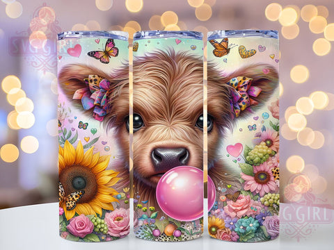 Floral Highland Cow 20oz Tumbler Wrap Sublimation Design, Straight Tapered Tumbler Wrap, Highland Cow Tumbler Png, Instant Digital Download Sublimation SvggirlplusArt 