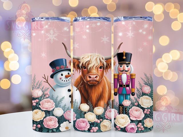 Floral Highland Cow Christmas Tumbler, Nutcracker Christmas Design, Retro Pink Santa Art, Festive Cow Graphic, Holiday Farm Animal Pattern, 20oz Tumbler, Sublimation Design Sublimation SvggirlplusArt 
