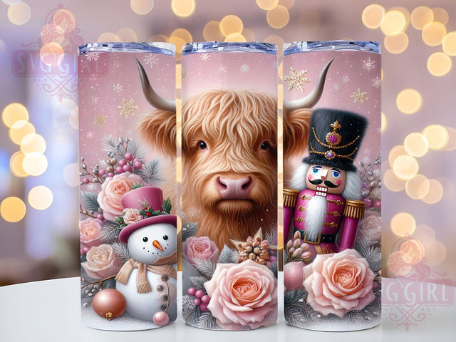 Floral Highland Cow Christmas Tumbler, Nutcracker Christmas Design, Retro Pink Santa Art, Festive Cow Graphic, Holiday Farm Animal Pattern, 20oz Tumbler, Sublimation Design Sublimation SvggirlplusArt 