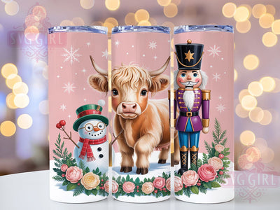 Floral Highland Cow Christmas Tumbler, Nutcracker Christmas Design, Retro Pink Santa Art, Festive Cow Graphic, Holiday Farm Animal Pattern, 20oz Tumbler, Sublimation Design Sublimation SvggirlplusArt 