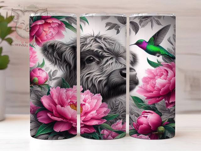 Floral Highland Cow Hummingbird Tumbler Wrap, Baby Cow Sublimation, Floral Cow Wrap, Hummingbird Tumbler Design, 20oz Animal Wrap, Cute Cow Tumbler, Country Style Tumbler Sublimation Lara' s Designs 