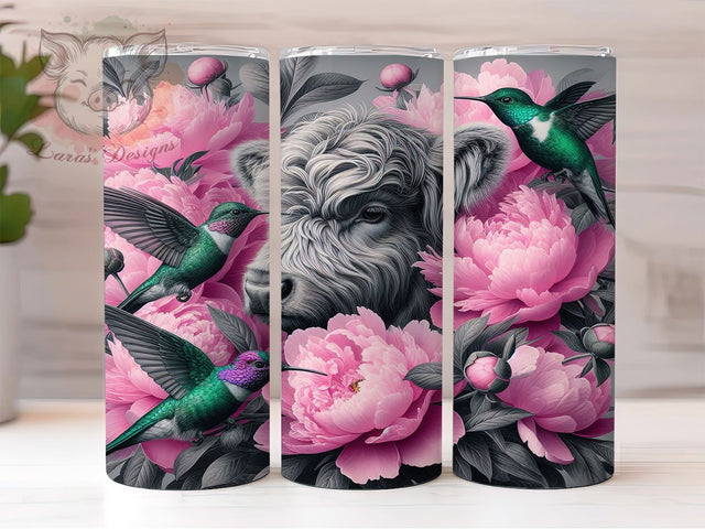 Floral Highland Cow Hummingbird Tumbler Wrap, Baby Cow Sublimation, Floral Cow Wrap, Hummingbird Tumbler Design, 20oz Animal Wrap, Cute Cow Tumbler, Country Style Tumbler Sublimation Lara' s Designs 