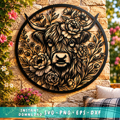 Floral Highland Cow Laser SVG, Highland Cow Flower Frame DXF, Cow Metal Wall Art Svg, CNC Plasma Cut File, Farmhouse Decor Laser Cut Design SVG HappyDesignStudio 