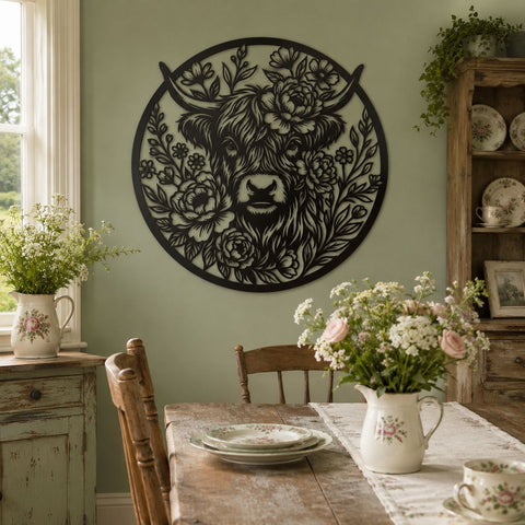 Floral Highland Cow Laser SVG, Highland Cow Flower Frame DXF, Cow Metal Wall Art Svg, CNC Plasma Cut File, Farmhouse Decor Laser Cut Design SVG HappyDesignStudio 