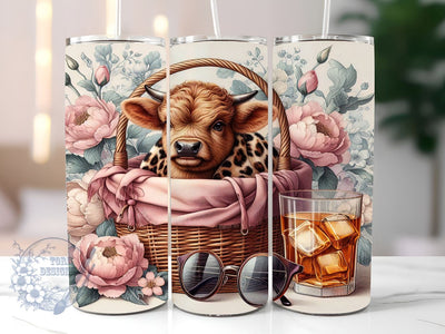 Floral Highland Cow Leopard 20oz Skinny Tumbler, Highland Cow Tumbler Png, Straight & Tapered Tumbler Wrap, Instant Digital Download Sublimation ToriDesigns 