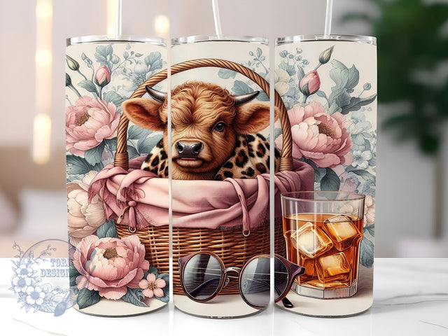 Floral Highland Cow Leopard 20oz Skinny Tumbler, Highland Cow Tumbler Png, Straight & Tapered Tumbler Wrap, Instant Digital Download Sublimation ToriDesigns 
